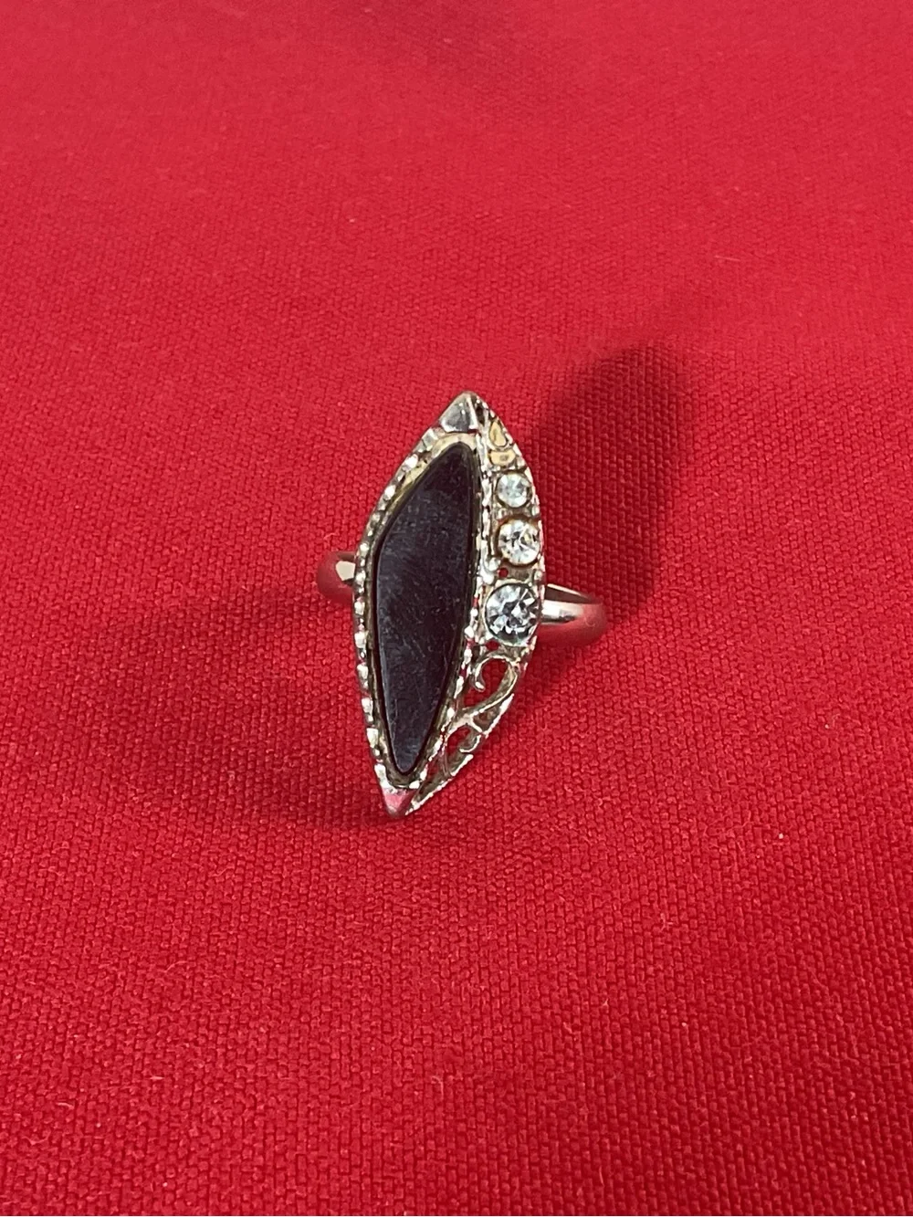 Vintage Emmons Black Marquise Cabochon Rhinestone Adjustable Ring Silver Tone Co